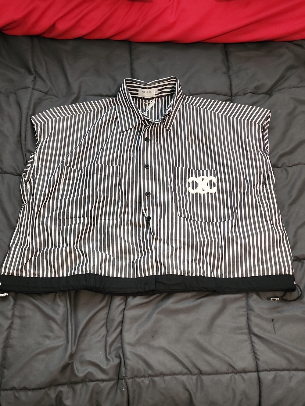 CELINE Black and White Stripe Sleeveless Embroidered Button Shirt Size M